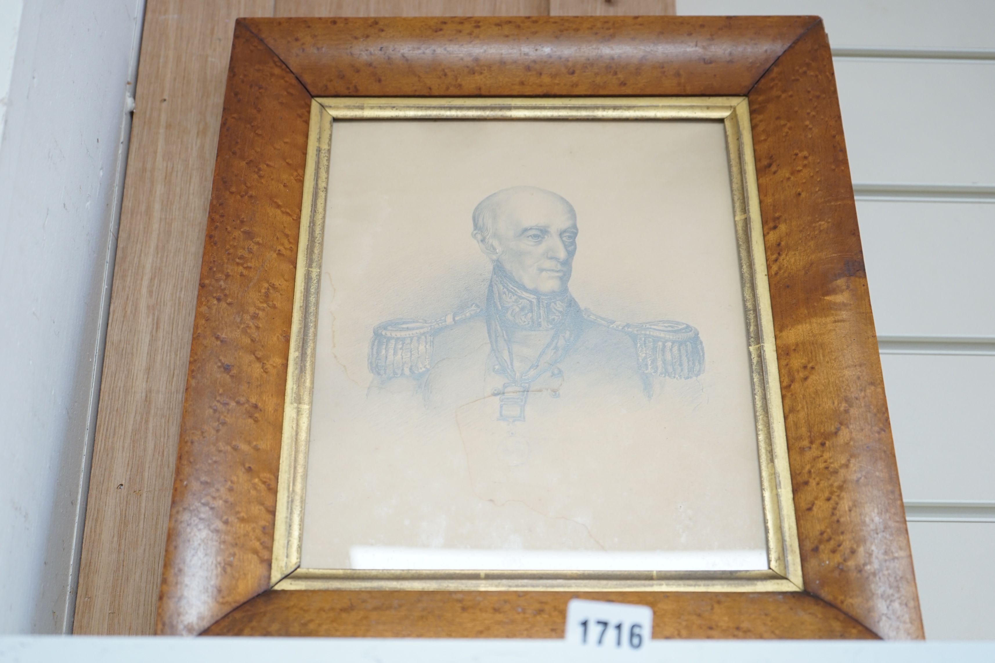 E M Maitland, pencil, Portrait of General Frederick Maitland (1763-1848), served alongside Wellington, unsigned, inscribed in ink verso, 27.5 x 22cm, maple framed. Condition - poor